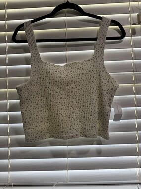 American Eagle Outfitters White Floral Ribbed Square Neck Crop Tank